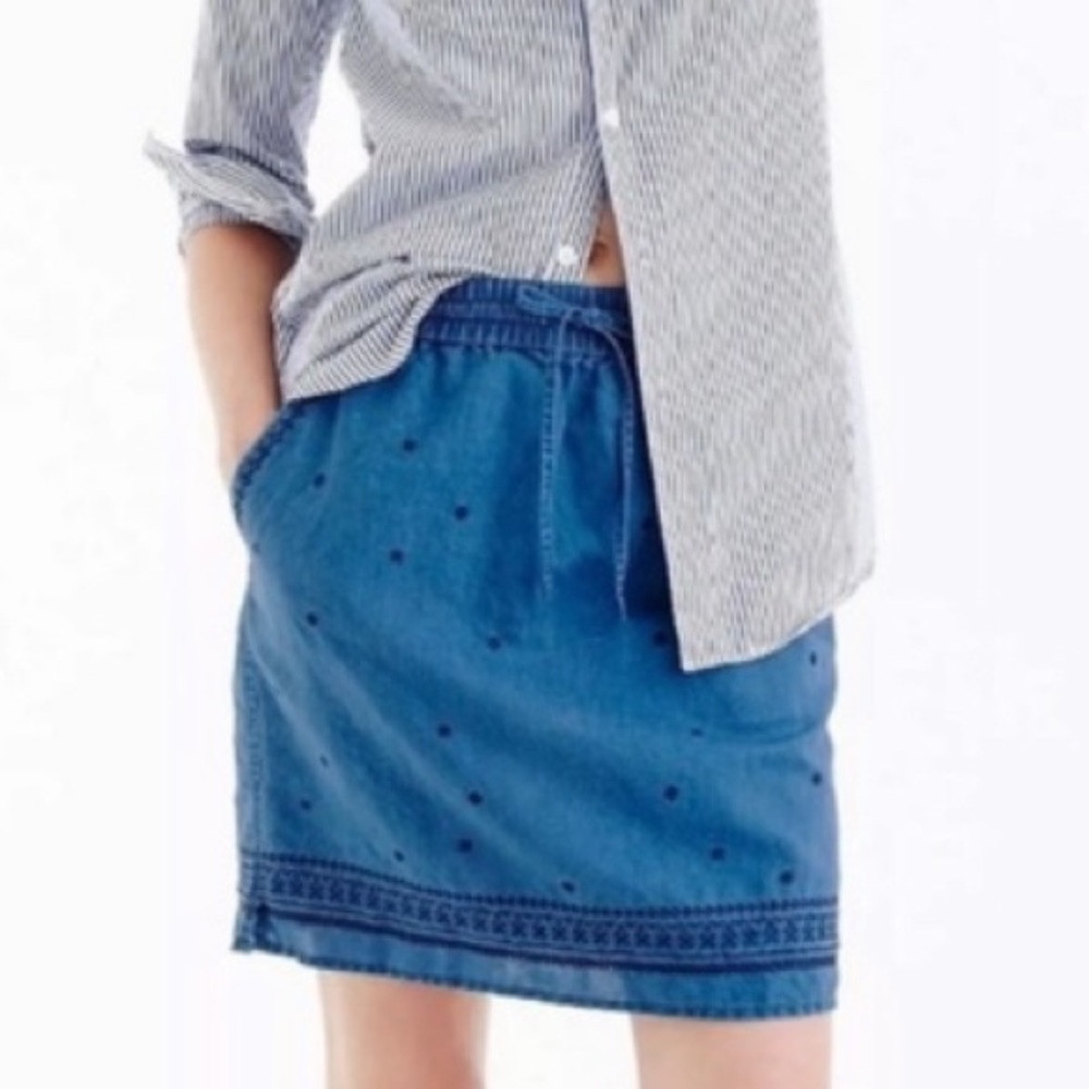 J Crew embroidered drawstring chambray mini skirt